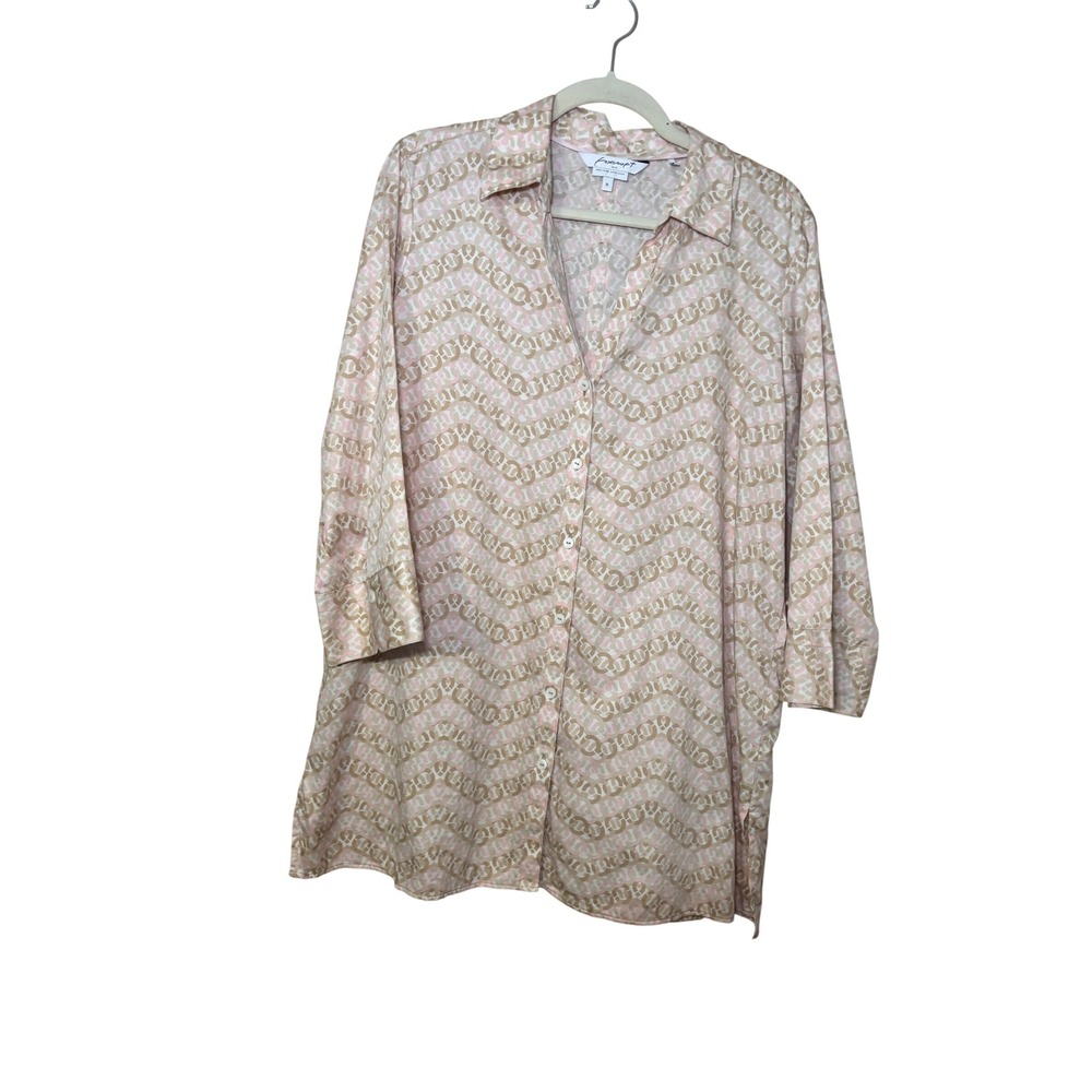Foxcroft Heritage Button Down‎ Top 16 Pink Tan Chain Print Non-Iron Preppy Tunic